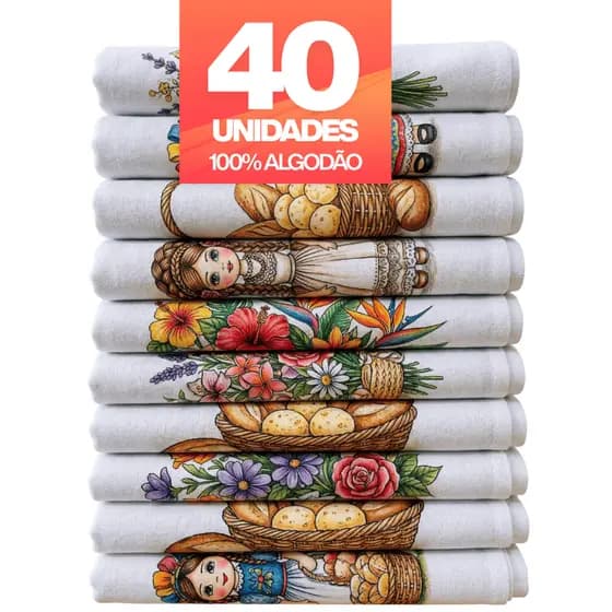 Kit 40 Panos de Prato Estampados 100% Algodão com Bainha Atacado Revenda
