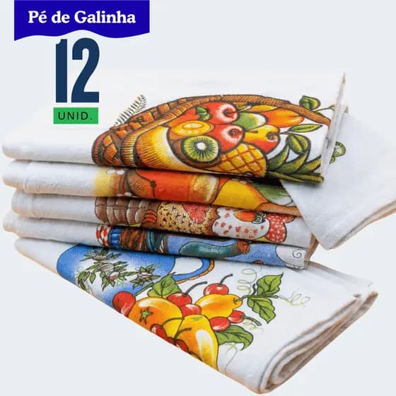 Kit 12 Panos de Copa Pé de Galinha 66x41cm Algodão 100% | Pano de Prato Grande Absorvente