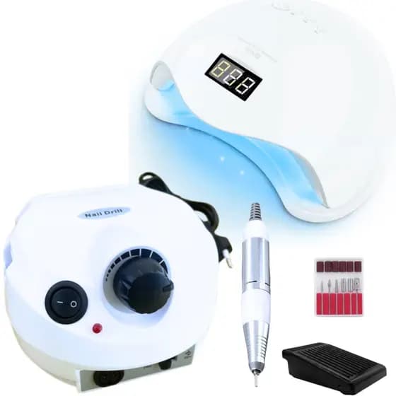 Kit Lixadeira Porquinho 50.000 RPM + Cabine Sun 5 Led Uv 48w Nail Designer Profissional