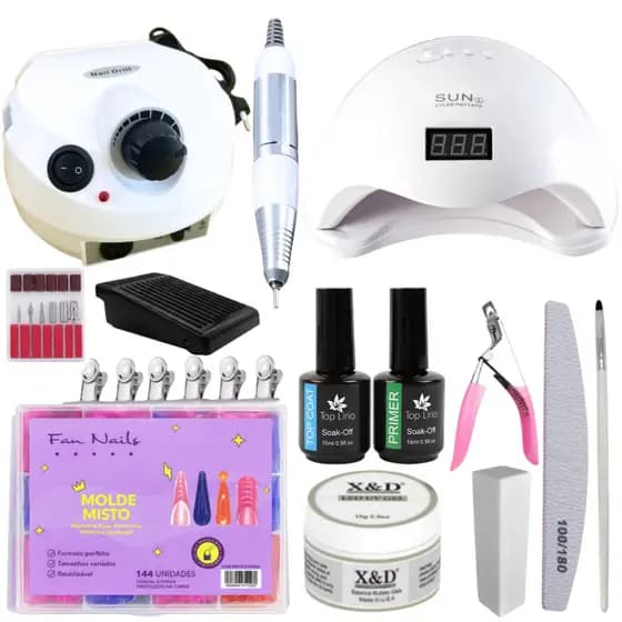Kit Alongamento Unha Gel Cabine Sun 5, Lixadeira Motor Porquinho, Molde F1, Gel X&D, Top Coat e Primer