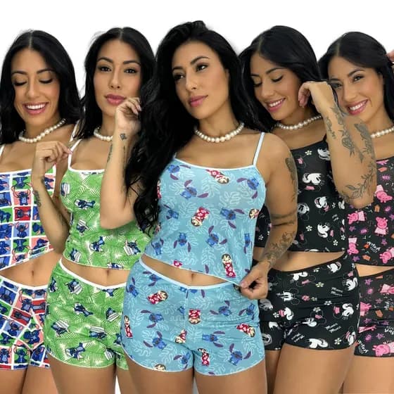 KIT 5 Pijama short dool baby Micro Estampado Blusa Curta Short Curto SAPEQUINHA