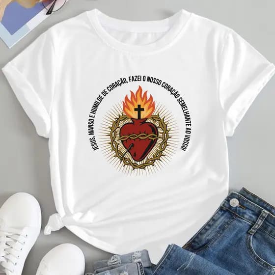 Camiseta Camisa T Shirt Católica Cristã Coração de Jesus Oração 100% Algodão
