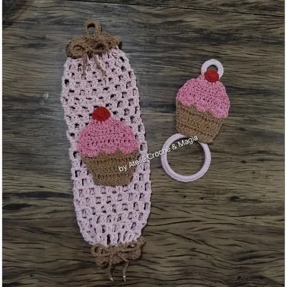 Kit Puxa-saco e Porta Pano de Prato de Crochê decoração cozinha organizador