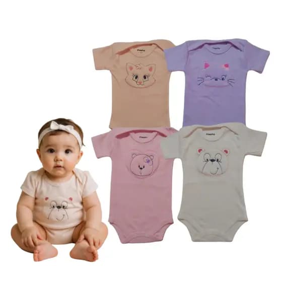 Kit 4 Bodies Bordados Bebê Manga Curta – Suedine 100% Algodão Unissex Menino Menina