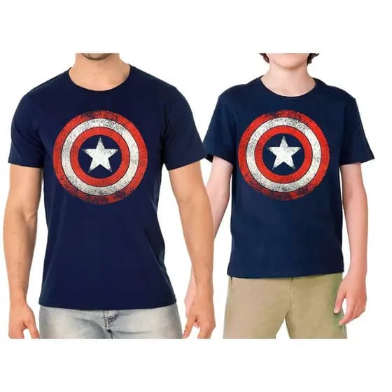 Kit Pai e Filho Camiseta Capitão América Azul Marinho 100% Algodão