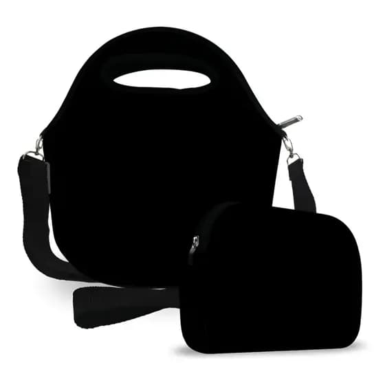 Kit Lancheira Marmiteira Marmita Neoprene Com Necessaire Porta Objetos Preto Liso Ideal Para o Dia Dia