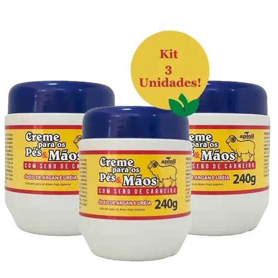 Kit 3 Unidades Creme SEBO DE CARNEIRO 240g APINIL Para Pés e Mãos