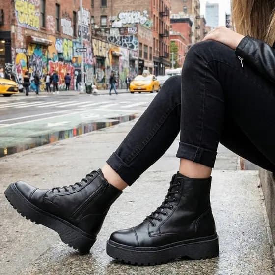 Bota Coturno Feminino Preto Blogueira Cano Alto Solado Tratorado couro legítimo lançamento