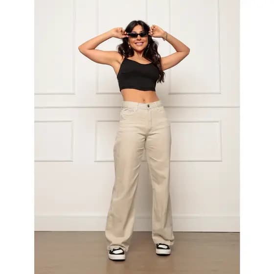Calça Jeans Feminina Wide Leg Cintura Alta Tecido Grosso Pantalona Linha Premium 100% Algodão