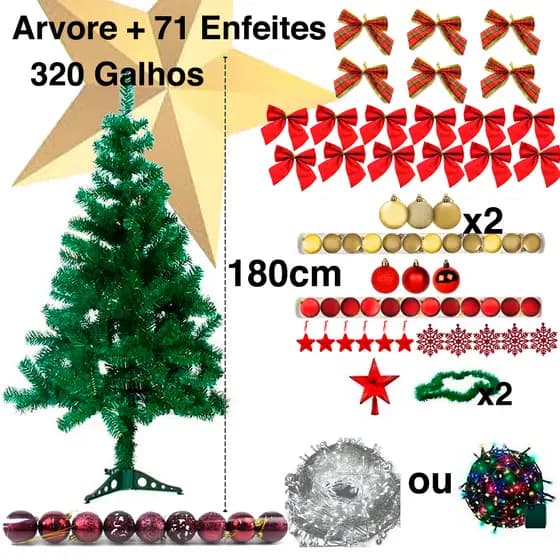 Kit Arvore Natal 1,80cm 320 GALHOS + Pisca Pisca, Bolas e laços Acessórios