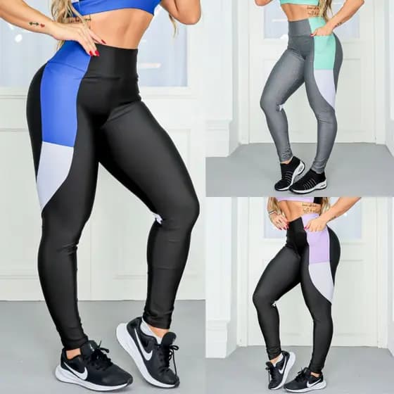 Calça Legging Feminina Academia Suplex com Bolsos Cós Alto e Recortes Coloridos nas Laterais Oferta
