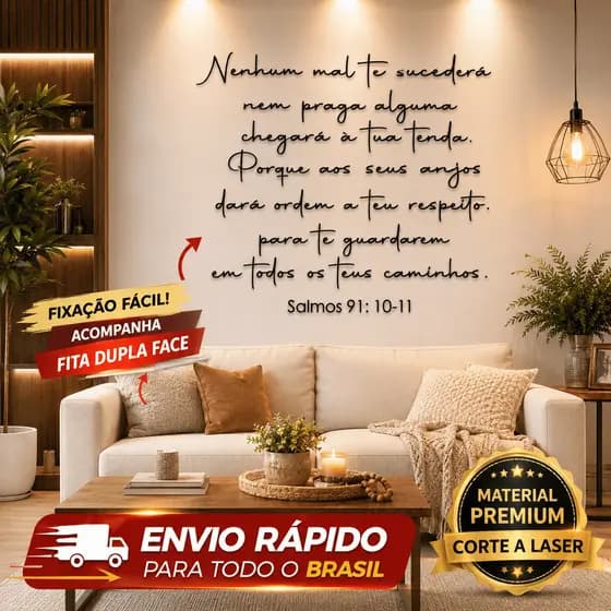 Letreiro Salmos 91:10-11 Versículo Mdf Decorativo Frase Parede Religiosa Decoração Bíblico Cristão