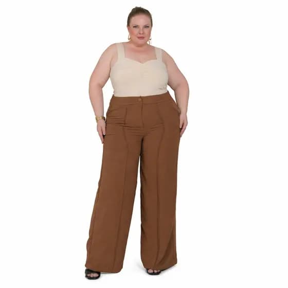 Calça Pantalona Plus Size Wide Leg Com Botão Sem Forro