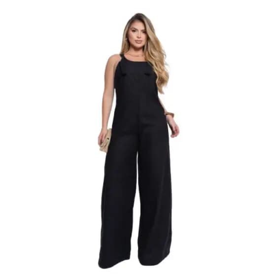 Macacão Feminino Pantalona Wide Leg Linho com Botões na Lateral e Alça com Amarração - Look Estilo e Elegância