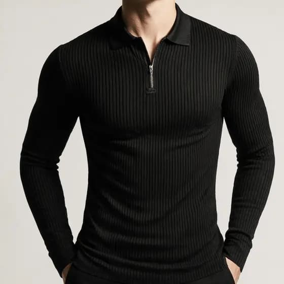 Camiseta Polo Canelada Manga longa Com Ziper Masculina Elegante Malha Camisa Premium