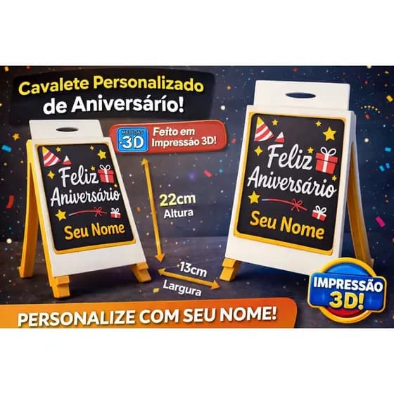 Cavalete Personalizado Feliz Aniversário com Seu Nome | Placa Decorativa 3D com Nome | Decoração Aniversário | 3D