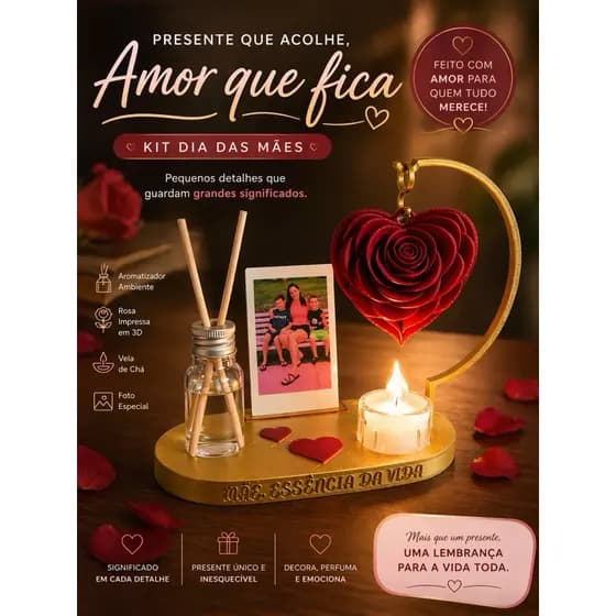 Presente Dia das Mães Personalizado com Foto + Rosa 3D + Aromatizador e Vela chá| Kit Decorativo Criativo e Emocionante