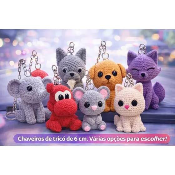 Chaveiro Bichinhos 3D Textura Crochê - Elefante - Raposa - Yoshi - Cachorro - Gatinho - Chaveiros Tricô- Coleção