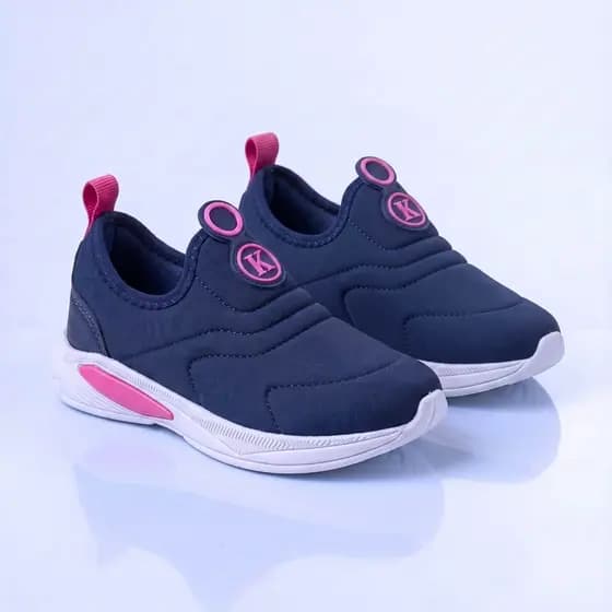 Kidstep Tenis Escolar Infantil Calce Fácil K Feminino Bordado Marinho com Pink