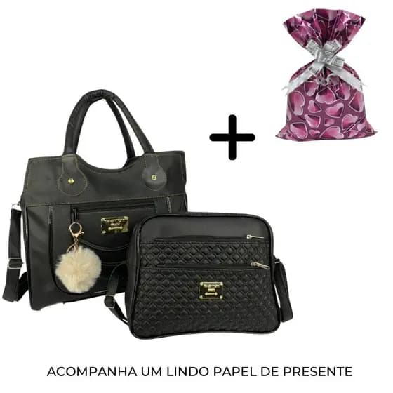 Kit 2 Bolsas Feminina Grande+ Pequena Espaçosa com Alça + Chaveiro Pom Pom + Papel de Presente
