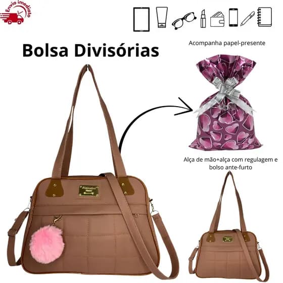 Bolsa Feminina Média 2 Divisorias e 2 Alças +Pom Pom Papel de Presente Transversal Trabalho