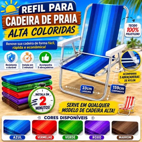 Refil para Cadeira de Praia Original Nylon Tecido Reposição Troca Rápida Resistente Colorido