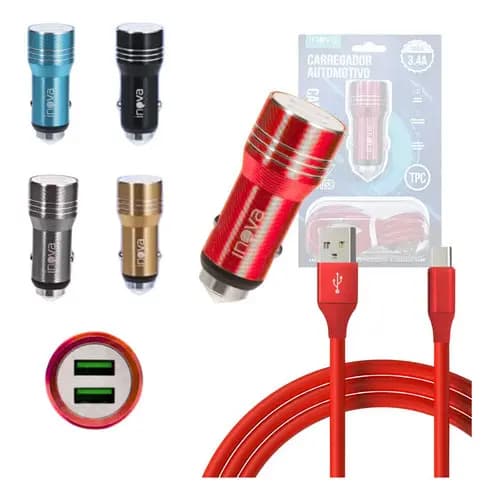 Carregador Veicular 02 Portas Usb Cabo Tipo-c Car-8357