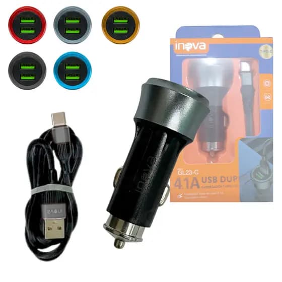 Carregador Veicular 12V TURBO 02 Portas USB 4.1A Cabo TIPO-C GL23-C