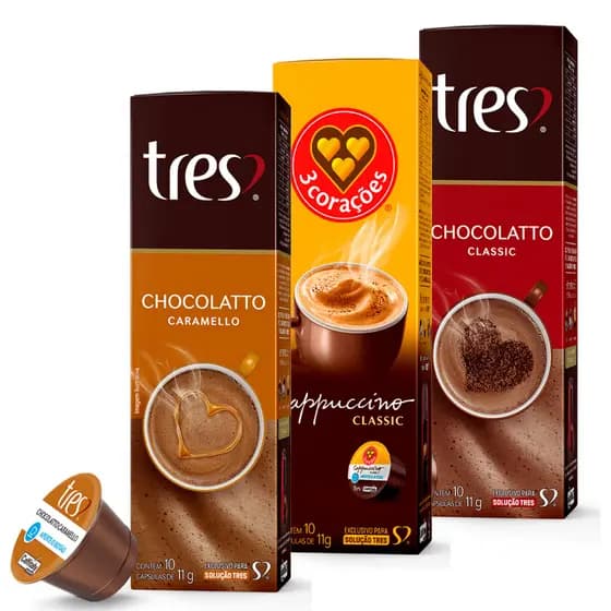 3 Caixas Cápsulas Três Corações Chocolatto Caramelo, Cappuccino Classic e Chocolatto