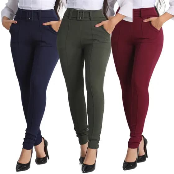 Kit 3 Calça Feminina Skinny Crepe Social Cinto Cintura Alta