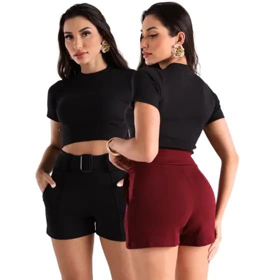 Kit 2 Shorts Feminino Crepe Cinto Cintura Alta Curto Moda Verão Casual Confortável