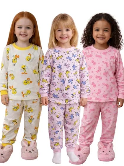 Kit 6 Peças Pijama Inverno Infantil Menina 3 Manga Longa e 3 Calça com Punho em Algodão 1 ao 12 Afd