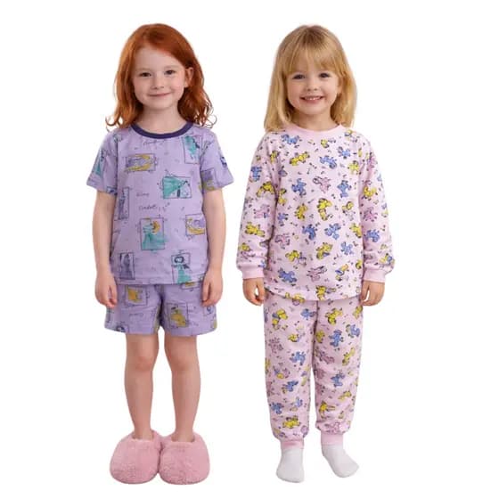 Kit 4 peças Pijama Infantil Menina Manino Estampado 2 Blusas Manga Curta e Longa 1 Calça 1 Short Dormir