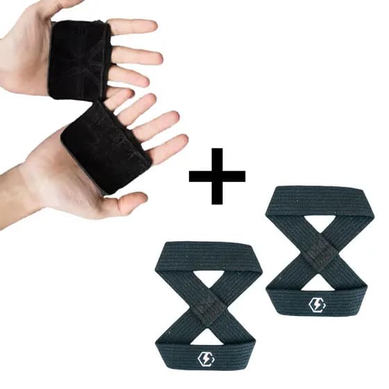 Par Strap oito Luva + Luva de Couro academia Musculação KIT