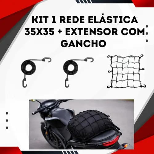Kit Rede Elástica Moto 35x35 + Extensor 1,50 1.00 Mts Redinha Capacete Carga Reforçada