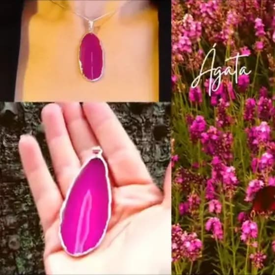Ágata Rosa chapa pingente várias cores borda dourada e prateada