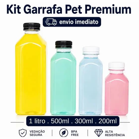 Kit 10 Garrafas PET c/ Tampa Lacre – 200ml 300ml 500ml 1L | Para Sucos, Açaí e Bebidas Artesanais
