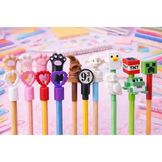 KIT 4 Adorno Ponteira Lápis Decorativo Criativo Escolar | Coração, Minecraft, Gatinho, Harry Potter