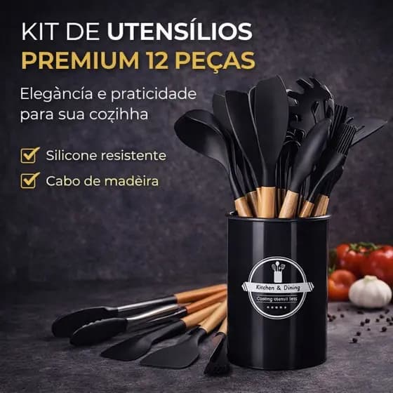 PRETO - Conjunto de Utensílios de Cozinha 12 Peças - Silicone e Cabo de Madeira