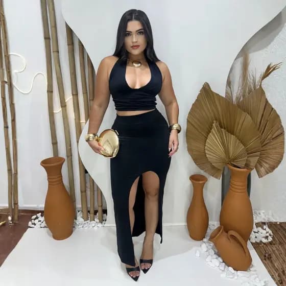 Conjunto Feminino Saia com Fenda Suplex Premium Modinha Perfeito para Festas Blogueira Balada