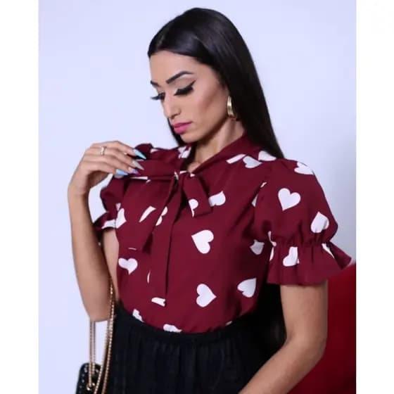 Blusa Margatita, blusa coraçoes, blusa elegante, blusa manga curta, blusa com gravata