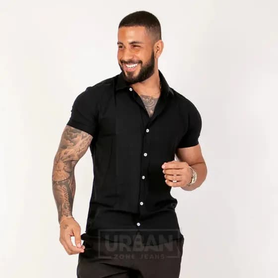 Camisa Masculina Linho Preta Manga Curta Slim Fit