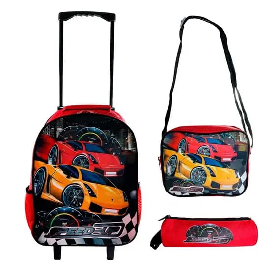 Kit Mochila Infantil Escolar com 3 peças Carrinho Vermelho.passeio,aventuras