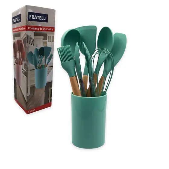 Conjunto de Utensilios Silicone 8 Peças - Verde Escuro/Verde claro/Rosa/Preto
