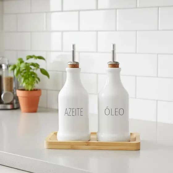 Kit 2 Garrafas Porcelana Azeite e Óleo Com Bandeja Bambu
