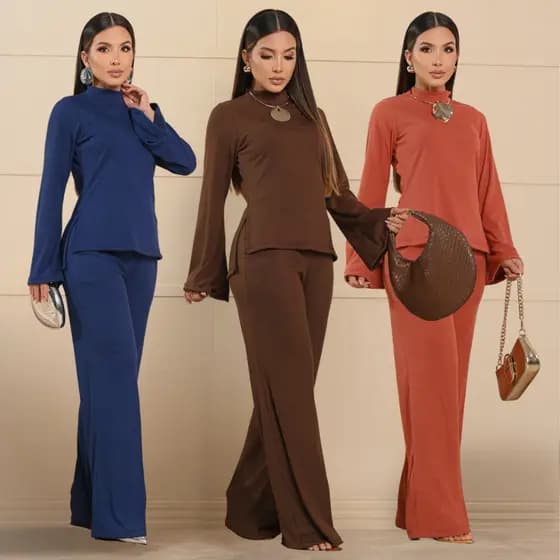 Conjunto Feminino Blusa Gola Alta Manga Longa Flare Mais Calça Pantalona Elegante Inverno Frio