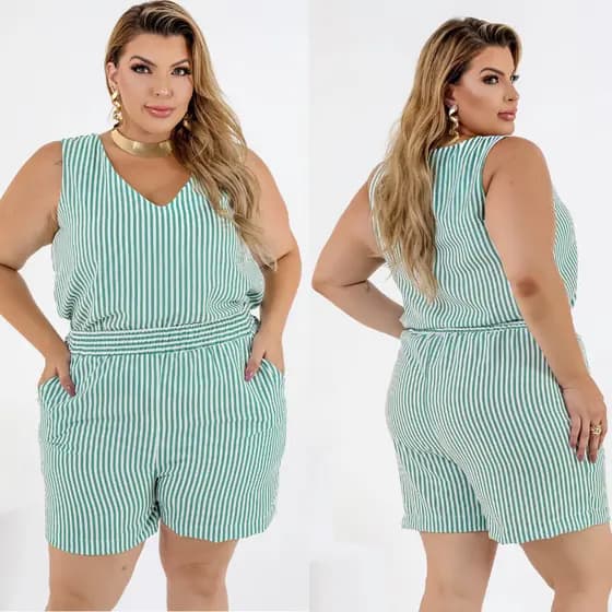 Conjunto Feminino Plus Size Casual Regata e Bermuda com Cós de Elástico Bolsos Laterais Elegante