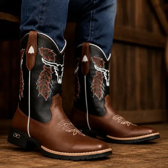 Botina Masculina Texana Bota Bico Quadrado Country Cowboy Cano Longo