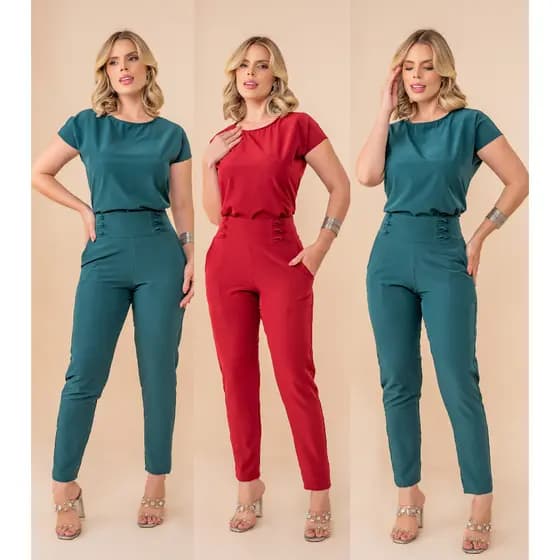 Conjunto Social Feminino Calça e Blusa com Manga Scrub Slim e Plus Size