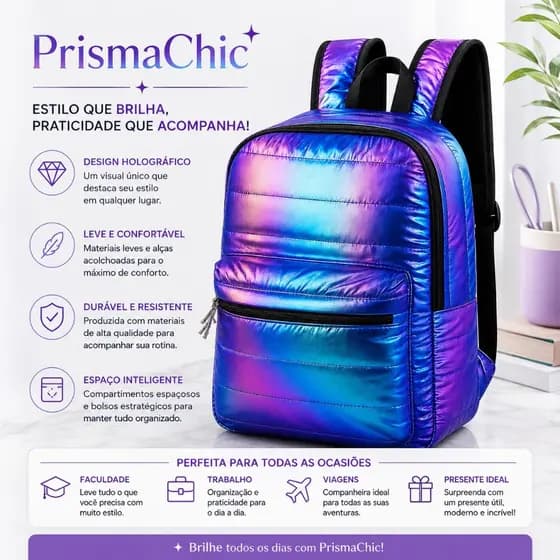 Mochila Holográfica Metalizada Feminina Leve e Estilosa Cores Sortidas